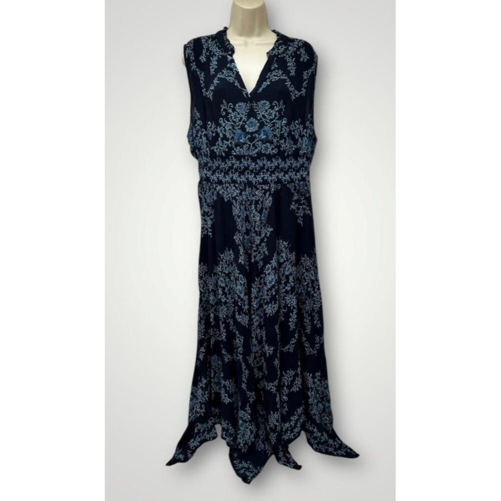 Bila Dress XL Blue Print Rayon Crinkle Boho Handkercheif Hem